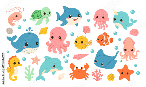 A collection of cartoon sea creatures including a whale, octopus, and crab. Scene is playful and lighthearted