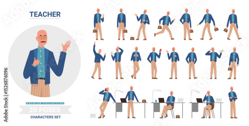 Teacher man poses vector illustration set. Cartoon smiling male school teacher character posing work pupils students, teaching postures lecture lesson collection isolated