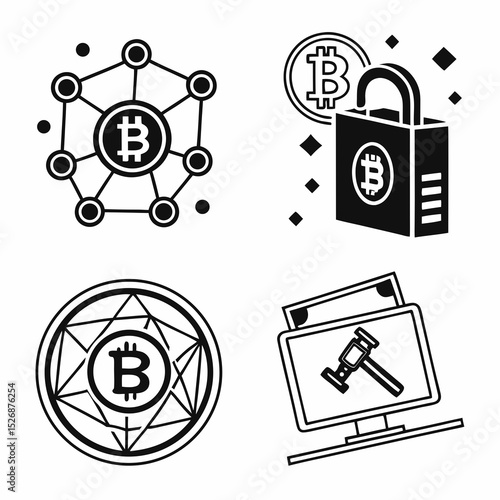 Bitcoin cryptocurrency network security and finance icons
