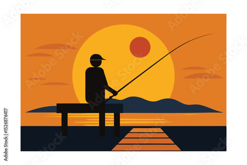 Silhouette of a Fisherman at Sunset Peaceful Evening Fishing Scene