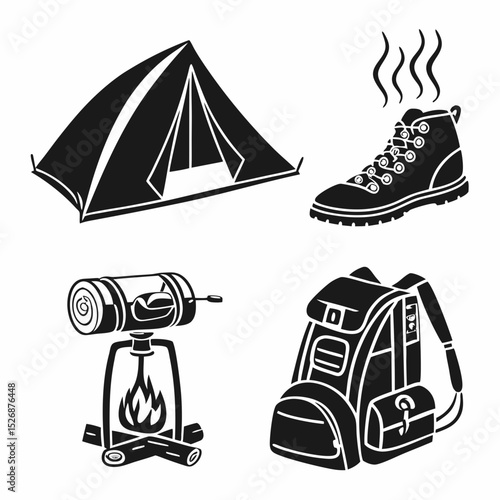 Camping gear icons tent boots backpack fire