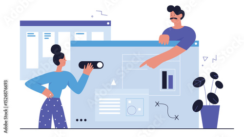 People develop ui ux design, abstract web development process vector illustration. Cartoon team of developer designer characters work on graphic interface, usability website app isolated on white