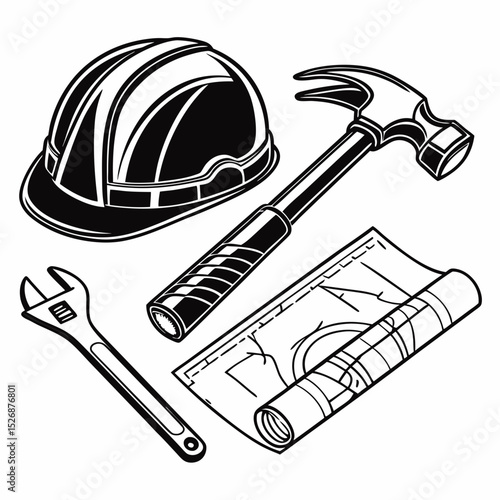 Professional construction tools blueprint helmet hammer wrench