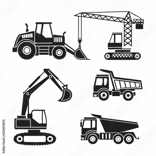 Construction vehicles icons bulldozer excavator crane trucks