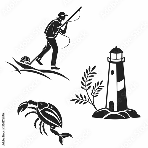 Coastal scene fisherman lighthouse crab seascape