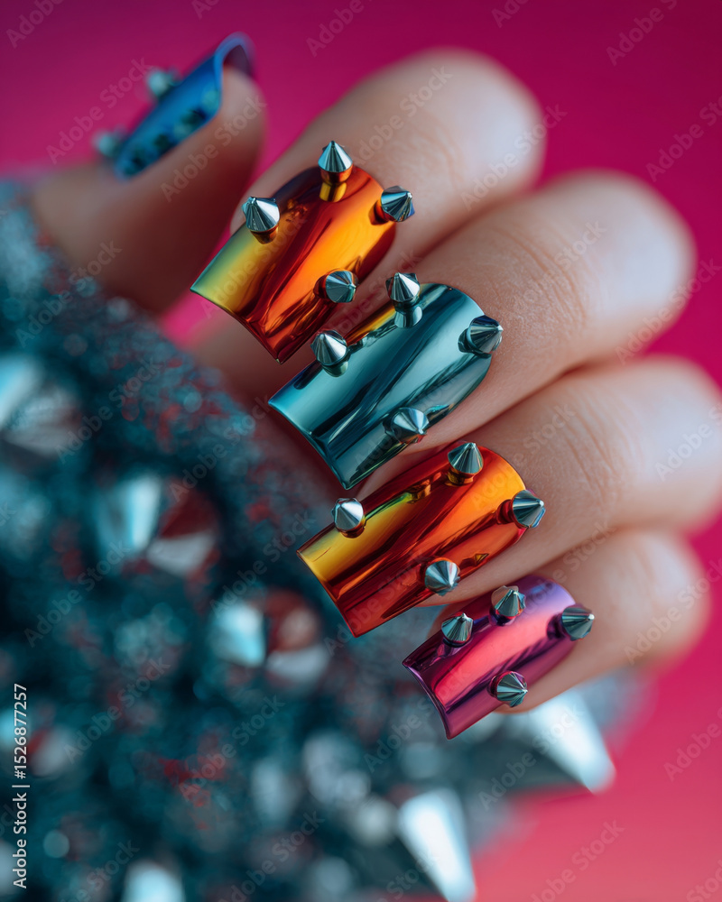 Obraz premium Close-up of bold spiked rainbow chrome nails on hand with punk style