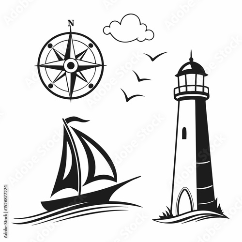 Nautical compass lighthouse sailboat sea birds design elements