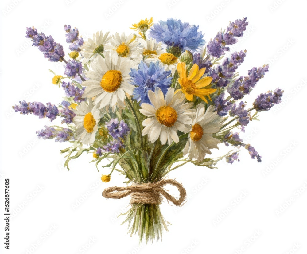 Fototapeta premium Watercolor Bouquet of Wildflowers: Daisies, Lavender, and Cornflowers on White Background - Hand-Painted Floral Illustration for Spring and Summer Designs