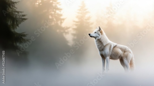 A minimalistic dawn scene shows a single wolf emerging from morning mist in a quiet forest. Soft light and restrained details convey serenity and wild elegance.