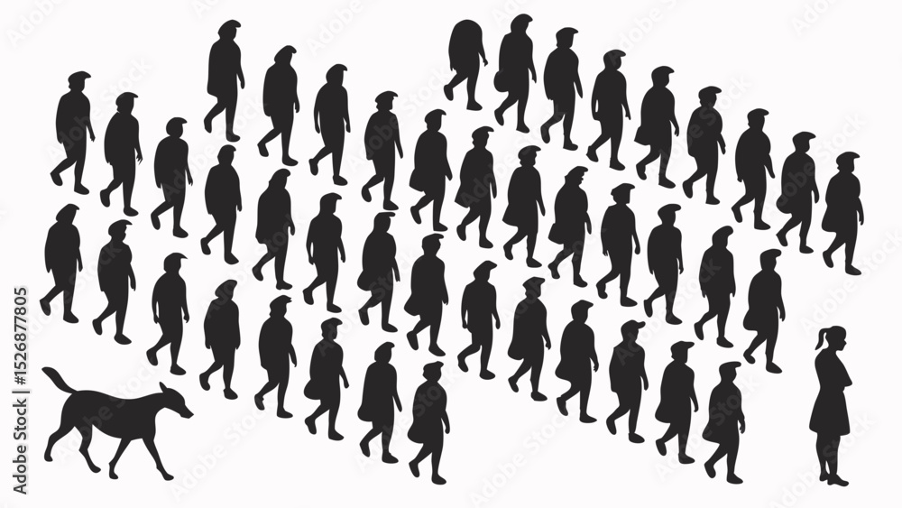 Naklejka premium Business leadership concept with dog leading group of people silhouettes walking in formation teamwork and management symbol
