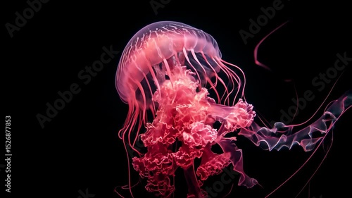Pink jellyfish pulsating gently in dark ocean waters delicate tendrils shimmering in the abyssal blackness aquatic wonder
