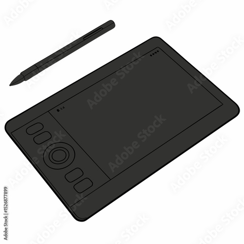 Black graphics tablet and stylus pen digital art design