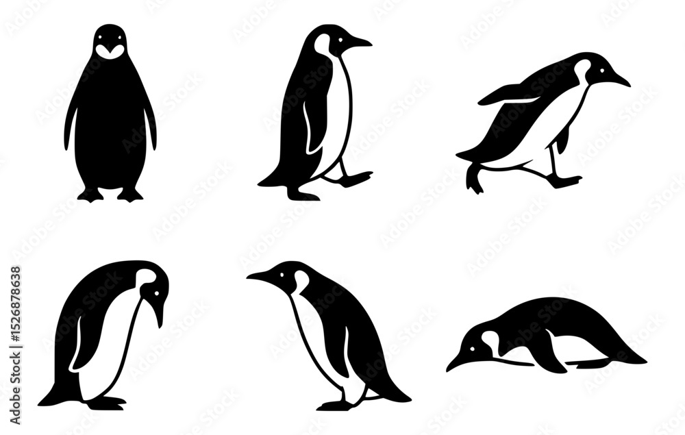 Naklejka premium A collection of six animated penguins in various poses. The penguins are black and white, with each one showcasing a different movement or stance