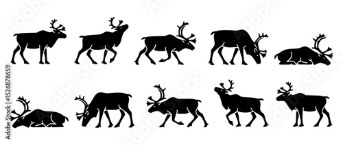 A silhouette of multiple caribou in motion against a plain backdrop