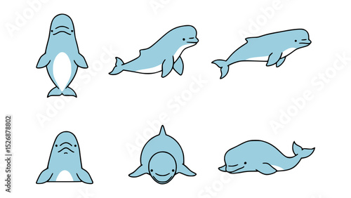 A playful depiction of six light blue beluga whales in various poses. The scene captures their graceful movements and friendly demeanor