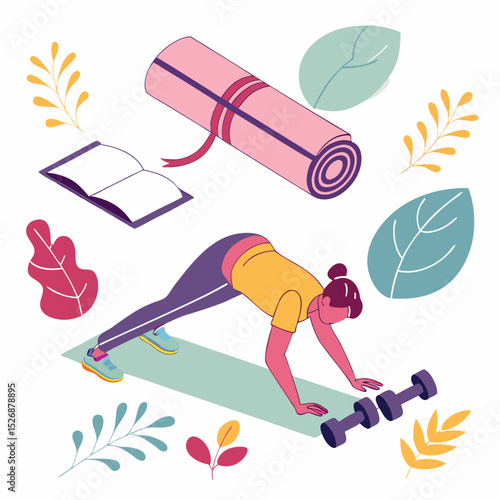 Woman doing plank exercise with dumbbells yoga mat book