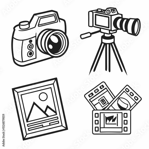 Photography equipment icons camera tripod photo editing