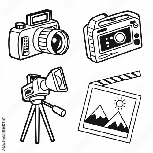 Filmmaking equipment icons camera tripod photo