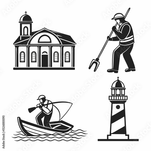Professional black and white coastal icons set transparent background