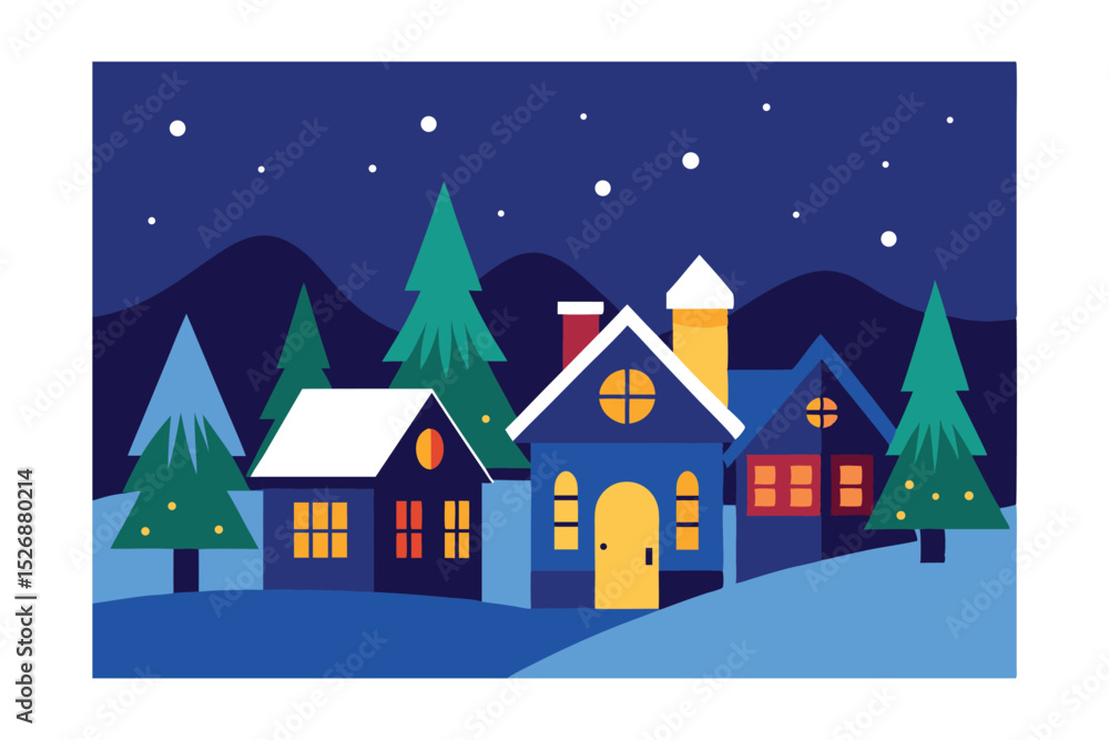 Fototapeta premium Cozy Winter Village Night Scene Snowy Houses, Christmas Spirit