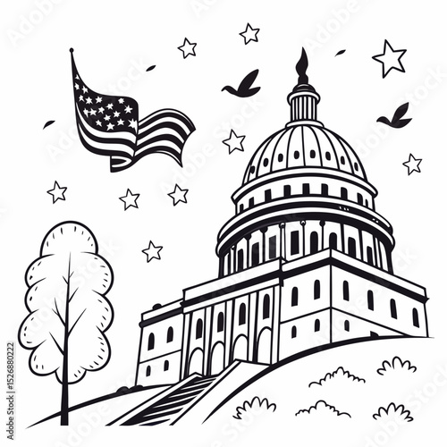 Us capitol building black and white illustration