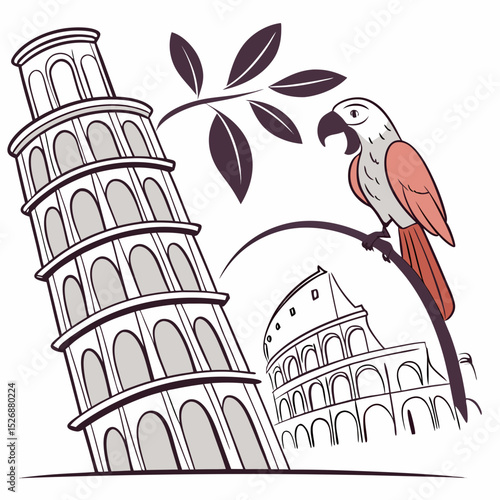 Roman holiday parrot leaning on branch near colosseum and tower