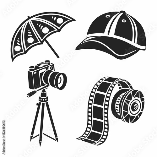 Filmmaking equipment icons camera tripod reel hat
