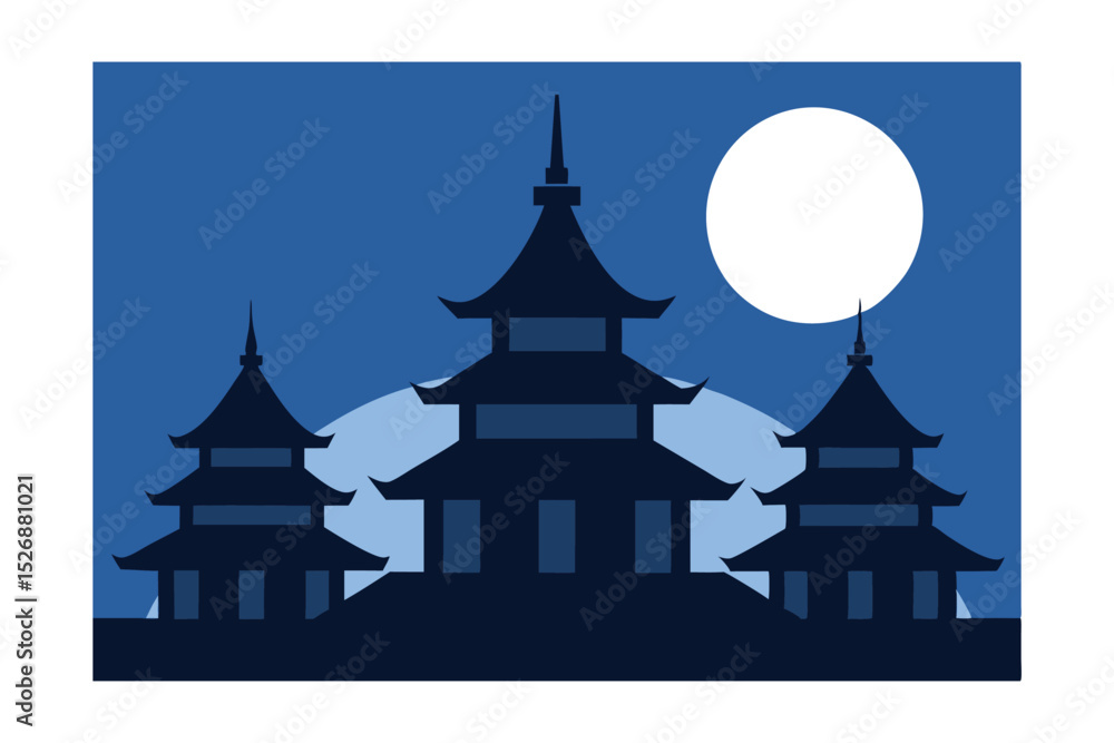 Fototapeta premium Serene Night Silhouette of Three East Asian Temples Under a Full Moon