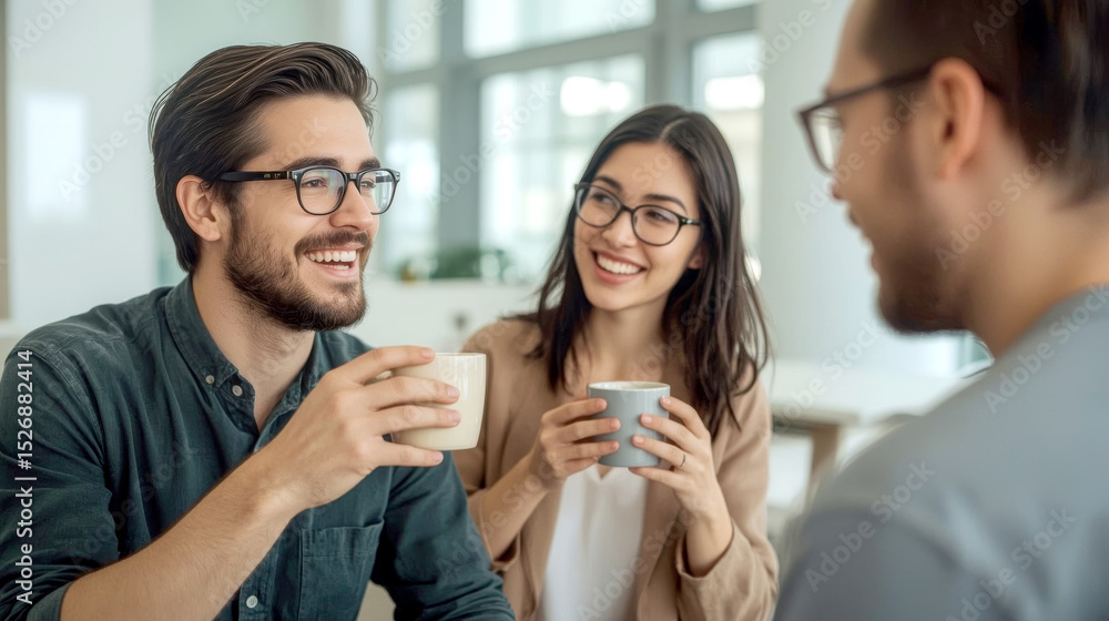 Happy business people taking a coffee break at work, diverse young coworkers enjoying a coffee break and laughing in a bright, modern office. A smiling man with a beard and glasses Happy business people taking a coffee break at work, diverse young coworkers enjoying a coffee break and laughing in a bright, modern office. A smiling man with a beard and glasses