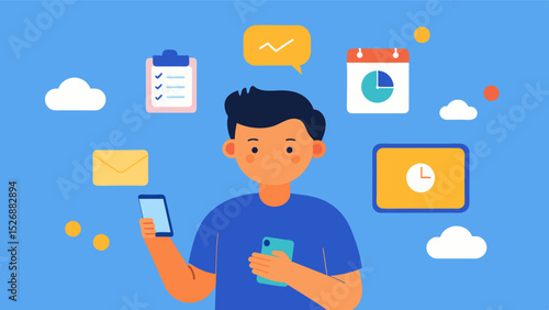 An individual with ADHD using a smartphone app to track their daily tasks and create a schedule to manage their symptoms.. Vector illustration