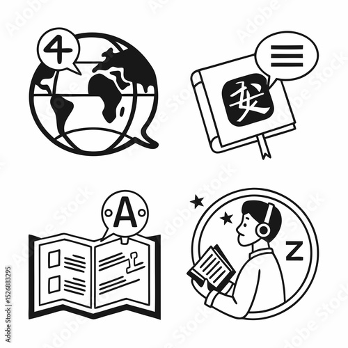 Global language learning icons set education
