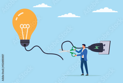 Businessman cutting the wire of a light bulb with scissors, symbolizing getting rid of old ideas, disrupting innovation, or disconnecting from conventional thinking
