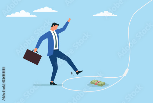 Vector illustration of a businessman falling into a money trap, symbolizing financial pitfalls, risky investments, and the dangers of greed in the corporate world
