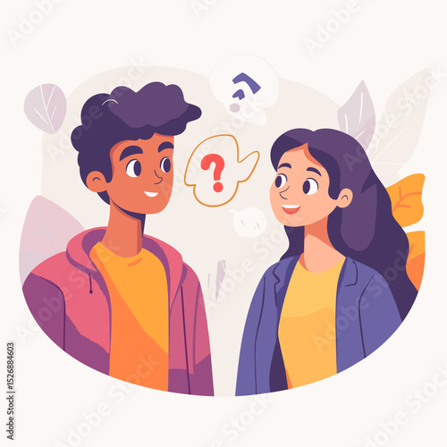Dialogue and Curiosity: Illustration of two individuals engaging in an animated and inquisitive discussion, a vibrant illustration of connection and the exchange of ideas.
