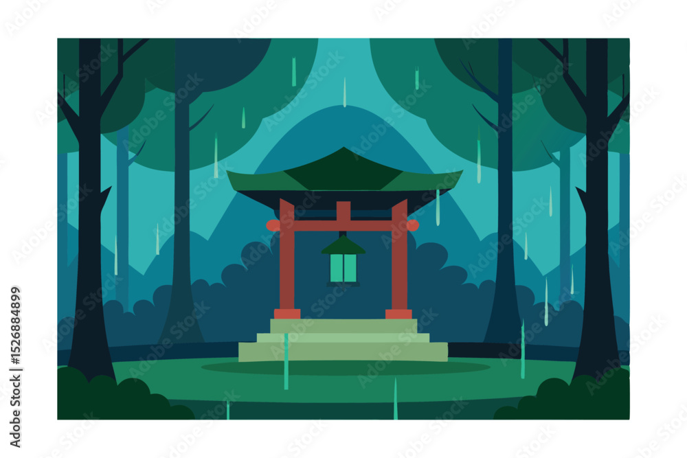 Fototapeta premium Rainy Day Forest Shrine Illustration