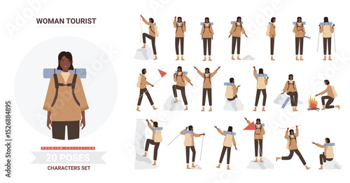 African american black woman tourist traveler adventure poses vector illustration set. Cartoon pretty young female hiker with backpack posing tourism activity, traveling, hiking climbing isolated