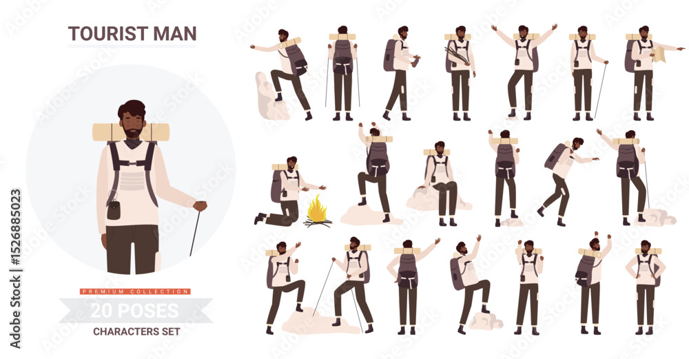 Obraz premium African american black man tourist traveler adventure poses vector illustration set. Cartoon bearded young male hiker character backpack posing tourism activity, traveling, hiking climbing isolated