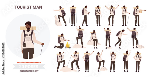 African american black man tourist traveler adventure poses vector illustration set. Cartoon bearded young male hiker character backpack posing tourism activity, traveling, hiking climbing isolated
