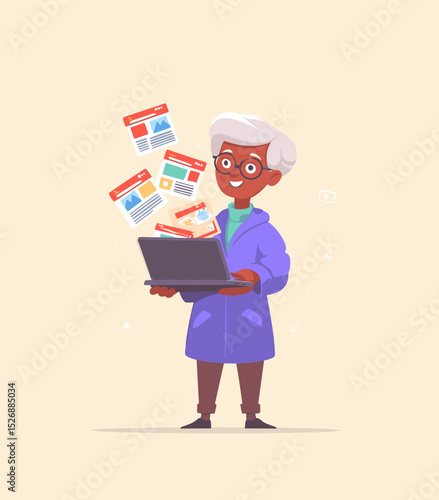 Digital Maestro: A skilled elderly woman masterfully navigates a laptop, her expertise and finesse transforming a digital world.