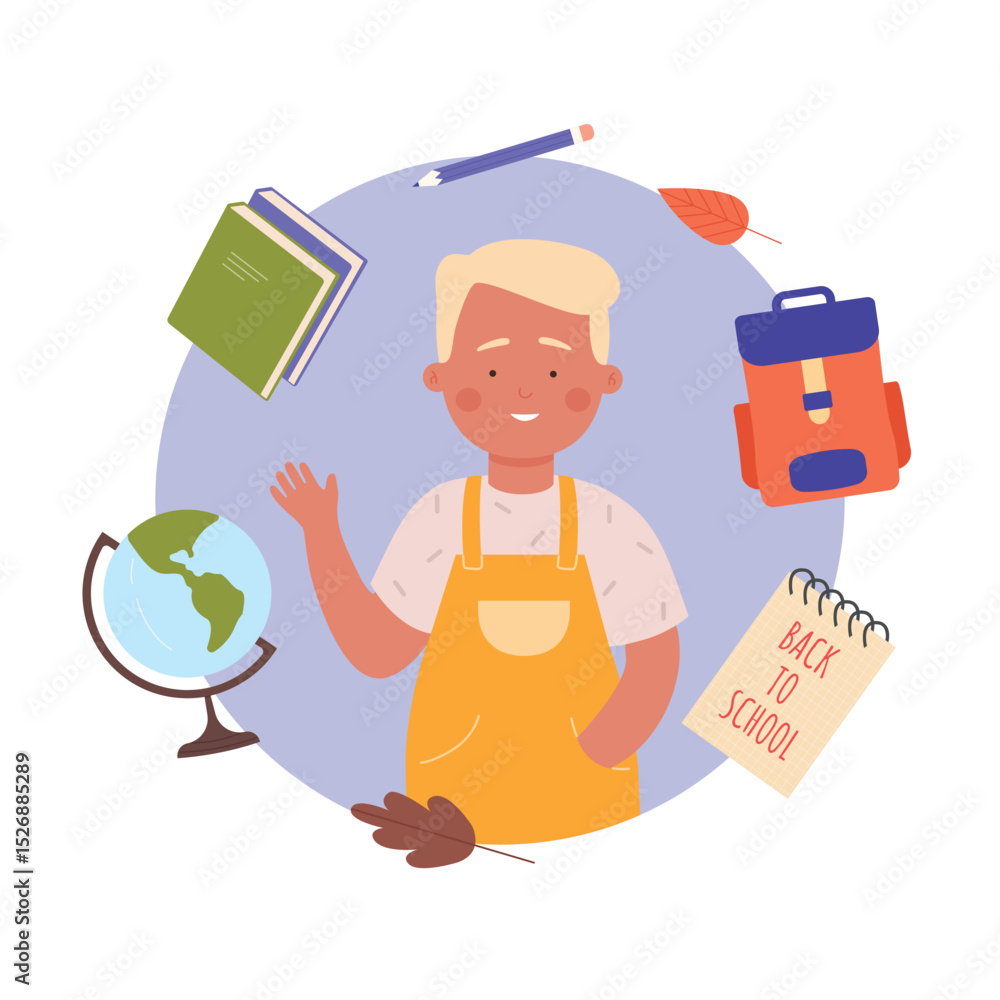 Back to school, happy boy with object for schooling vector illustration. Cartoon schoolchild character standing and waving next to school bag globe pencil paper notepad, education poster background Back to school, happy boy with object for schooling vector illustration. Cartoon schoolchild character standing and waving next to school bag globe pencil paper notepad, education poster background