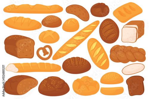 Bread food set, bakery production vector illustration. Cartoon rye wheat and whole grain bread product collection with french baguette bagel, toast slices and cereal roll buns pastry isolated on white