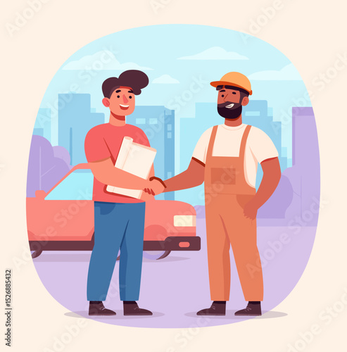 Successful Deal: Two men shaking hands, signifying a successful business deal. One man holds documents, and a car is visible in the background.