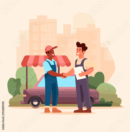 Urban Deal: Two diverse tradesmen shake hands in front of a street food cart, set against an urban backdrop in this charming illustration.