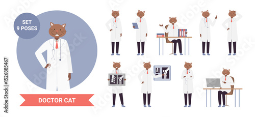 Doctor cat character poses, anthropomorphic set vector illustration. Cartoon funny medicine worker kitten posing and working, kitty scientist with stethoscope holding x-ray of bones isolated on white