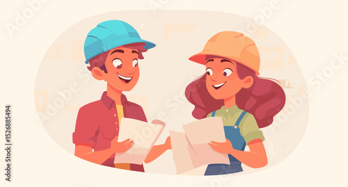 Construction Partnership: Two construction workers, a man and a woman, wearing hard hats, and reading building plans, against a plain backdrop. Representing collaboration.