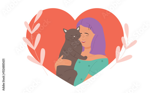 Girl hugs cuddles cute cat with love vector illustration. Cartoon young pretty woman character hugging funny kitten, pet owner and sweet animal inside red heart, scrapbook element isolated on white