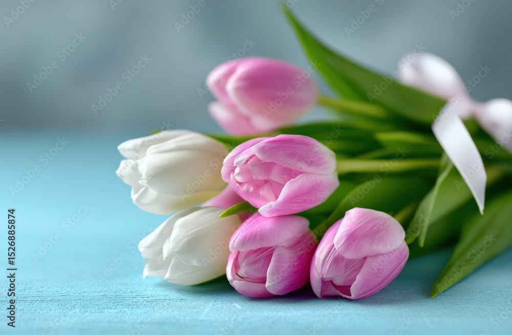 Tulips lie on blue surface tied with a ribbon. Spring bouquet, floral arrangement, celebration, love, wedding, gift. Tulips lie on blue surface tied with a ribbon. Spring bouquet, floral arrangement, celebration, love, wedding, gift.