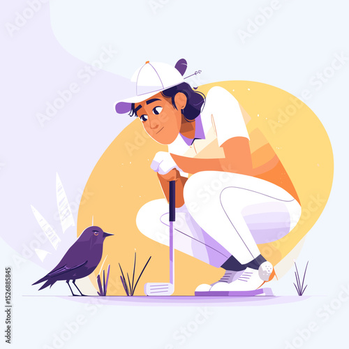 Golf Encounter: A golf player, captivated by a small bird, observes intently during a serene moment on the golf course.