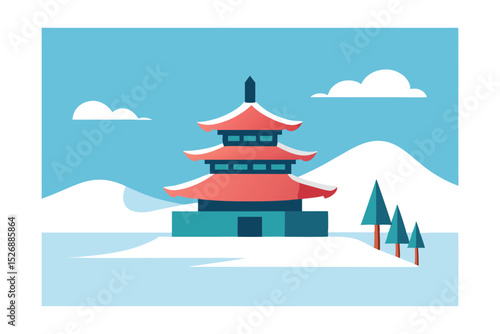 Snow-Covered Buddhist Temple in Quiet Village