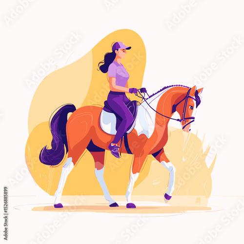 Equestrian Harmony: A captivating illustration portrays a skilled female rider and horse in perfect synchronicity, embodying elegance, grace, and the bond between them.